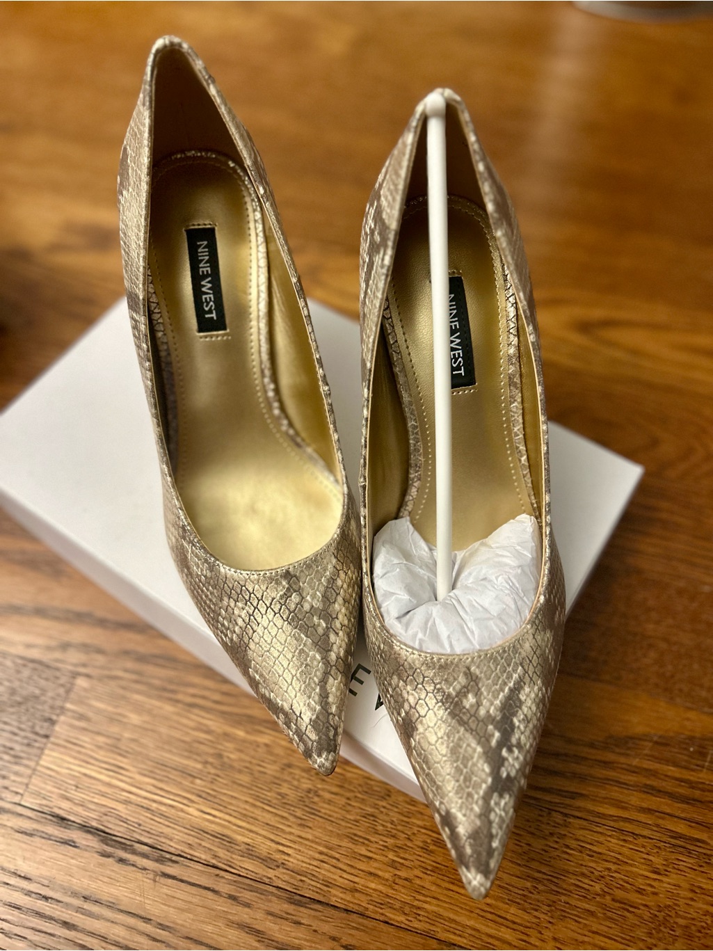 Nine West Gold Snake-Print Pointed Toe Heels 7.5